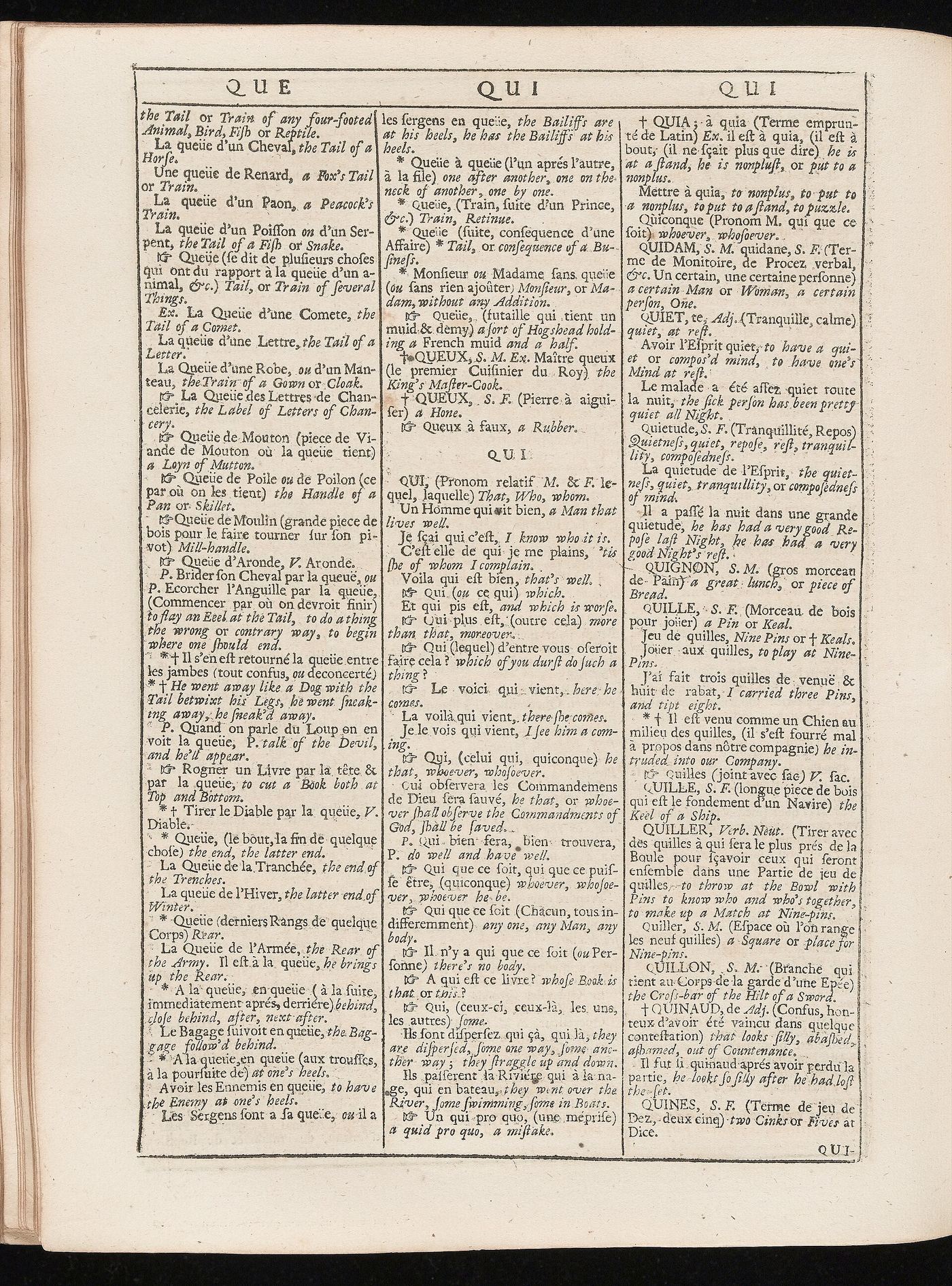 A page of an eighteenth-century French and English dictionary, printed in two columns from Que to Qui